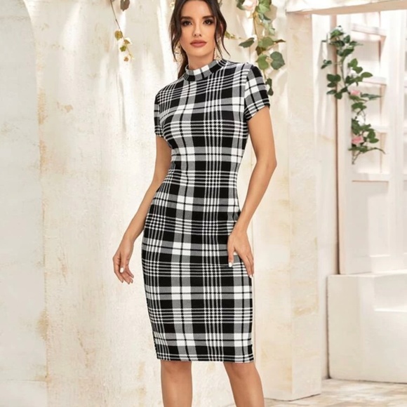 Mock Neck Plaid Pencil Dress - Picture 1 of 6